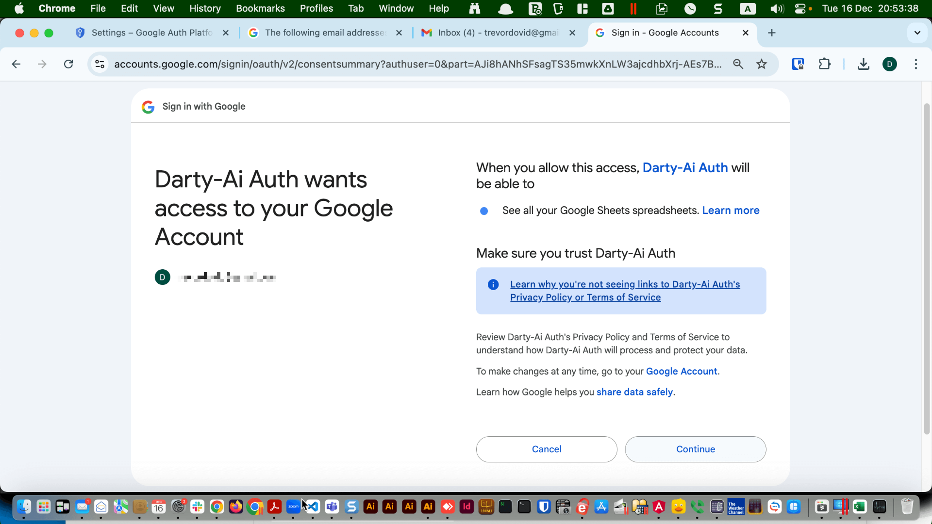 Diagram showing Darty-Ai requesting Google Sheets access through Google’s authorization flow