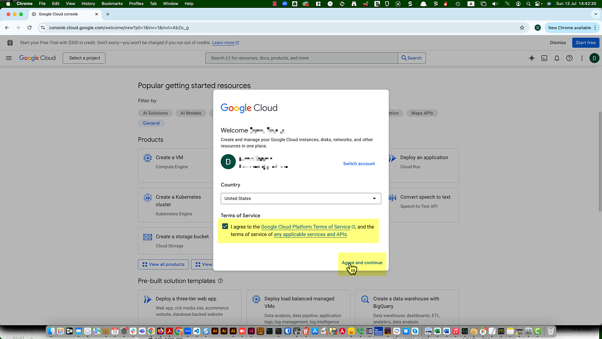 Google Cloud Console terms screen with “I agree” checkbox and “Agree and continue” button