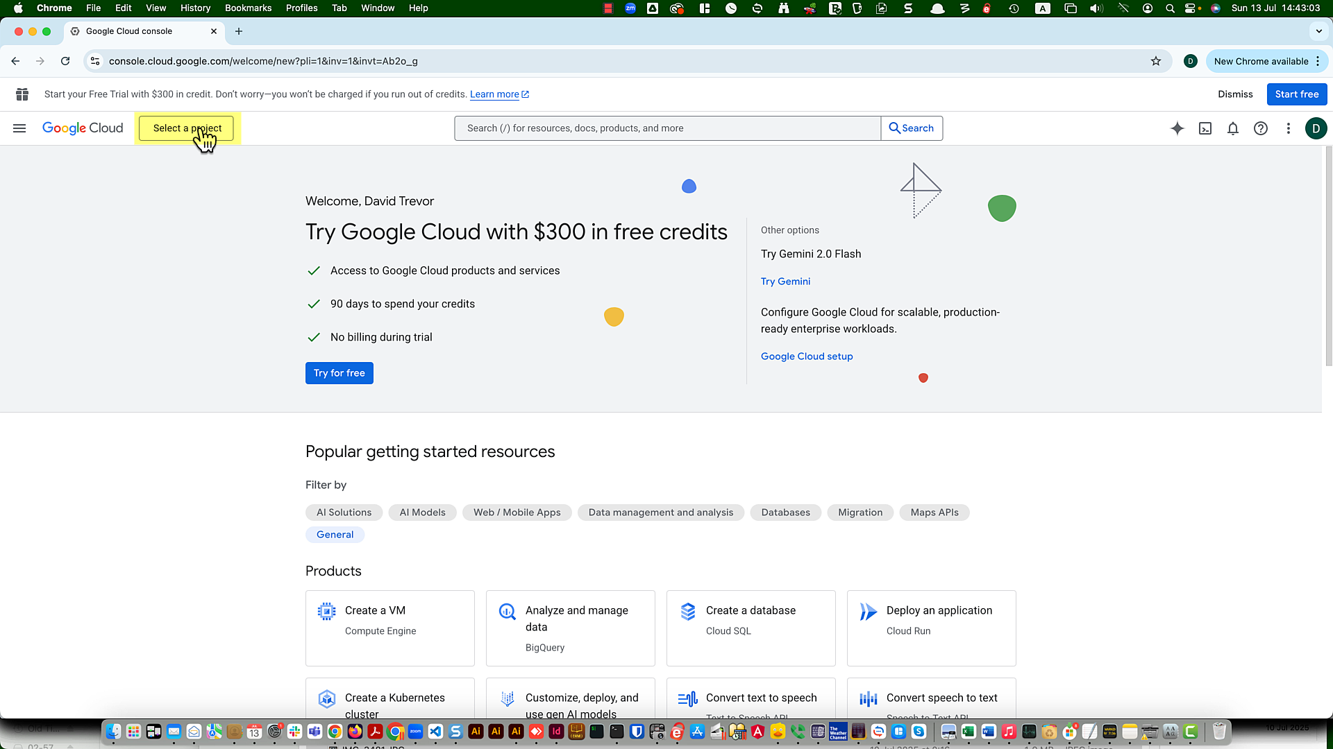 Google Cloud Console header showing the “Select a project” menu