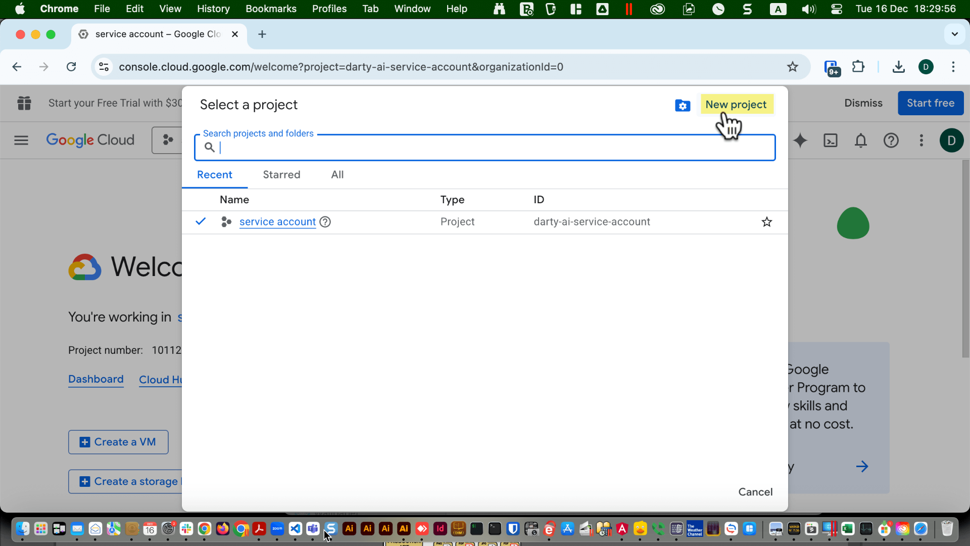 Project Picker dialog with the “New project” button