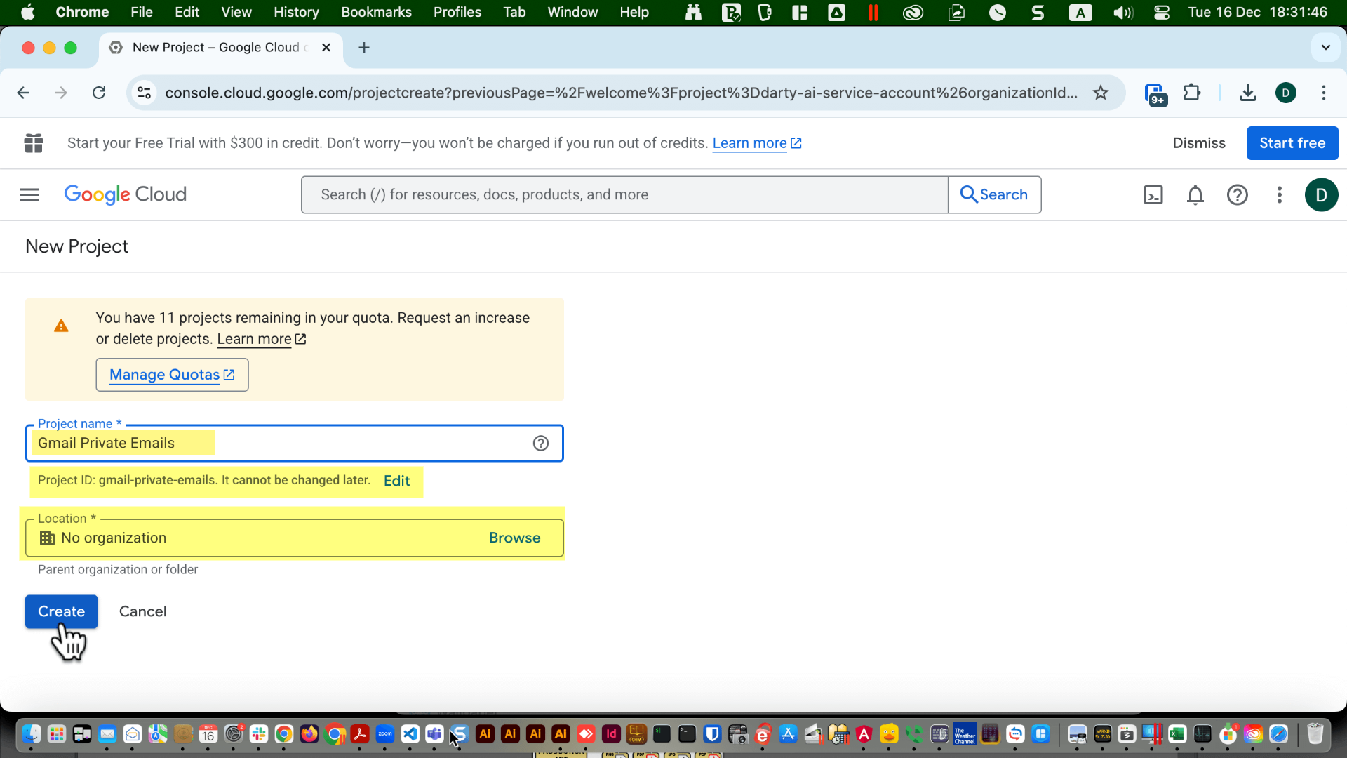 Create project form with fields for Project name, Project ID, and Location