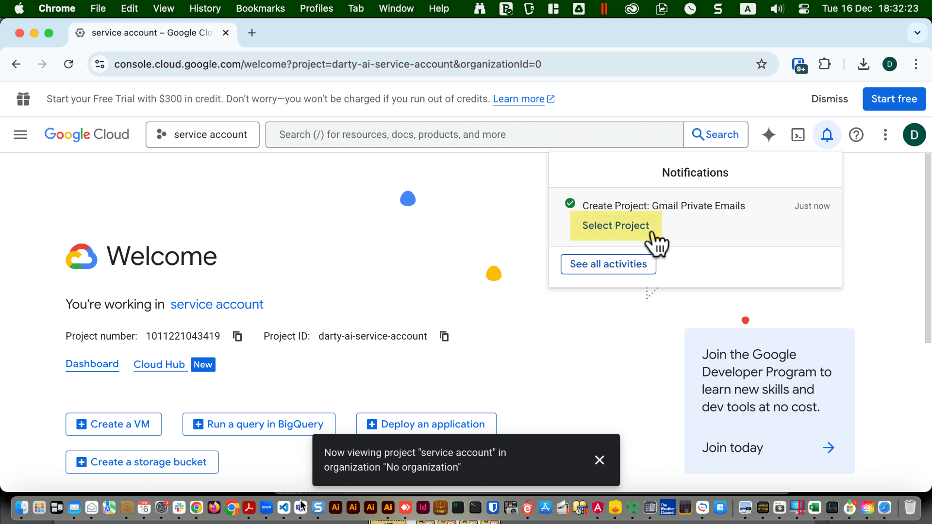 Project Picker list with the newly created project selected