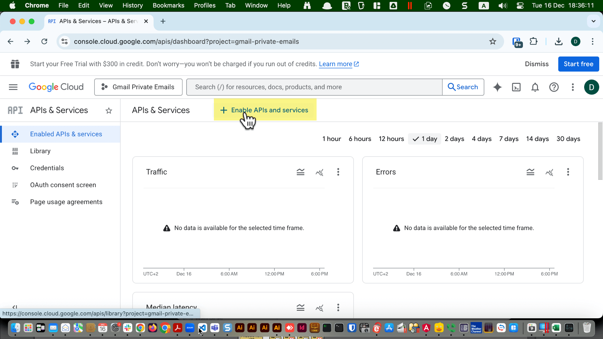 Enabled APIs & services page with “+ ENABLE APIS AND SERVICES” button