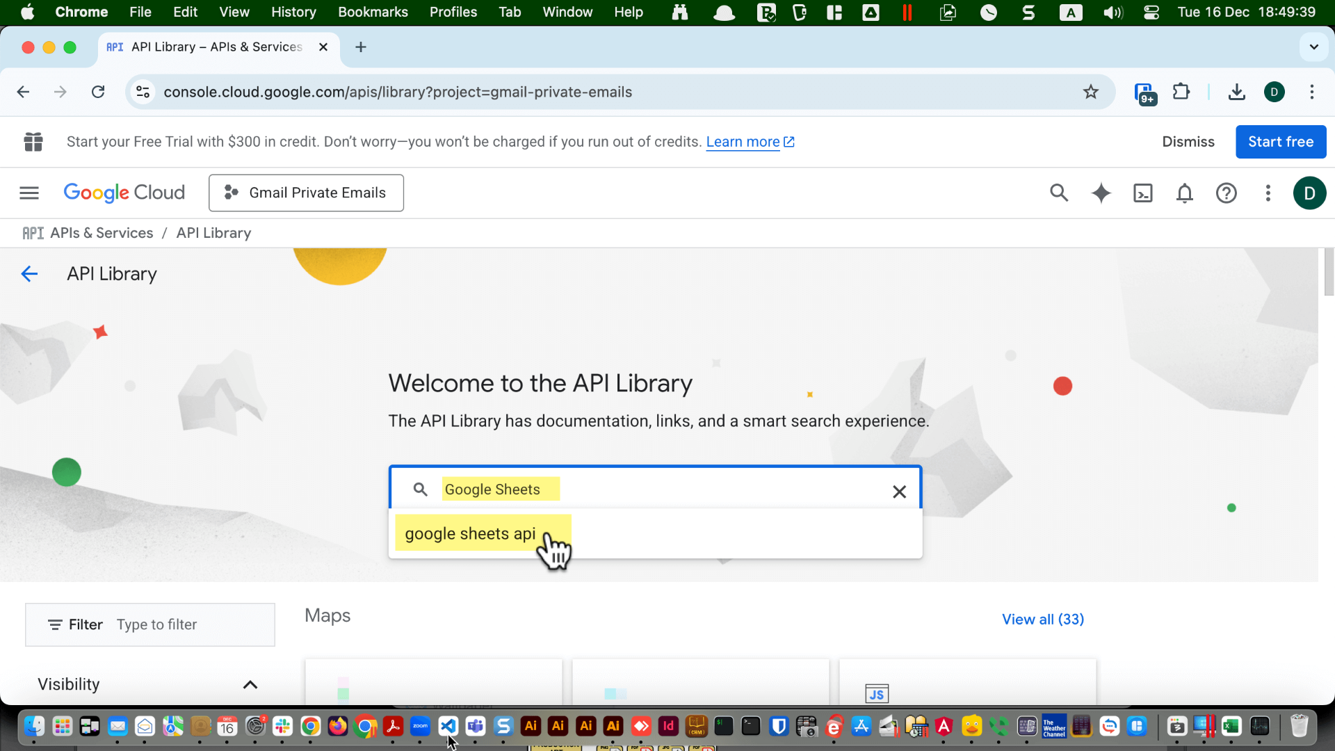 API Library search field with “Google Sheets” entered