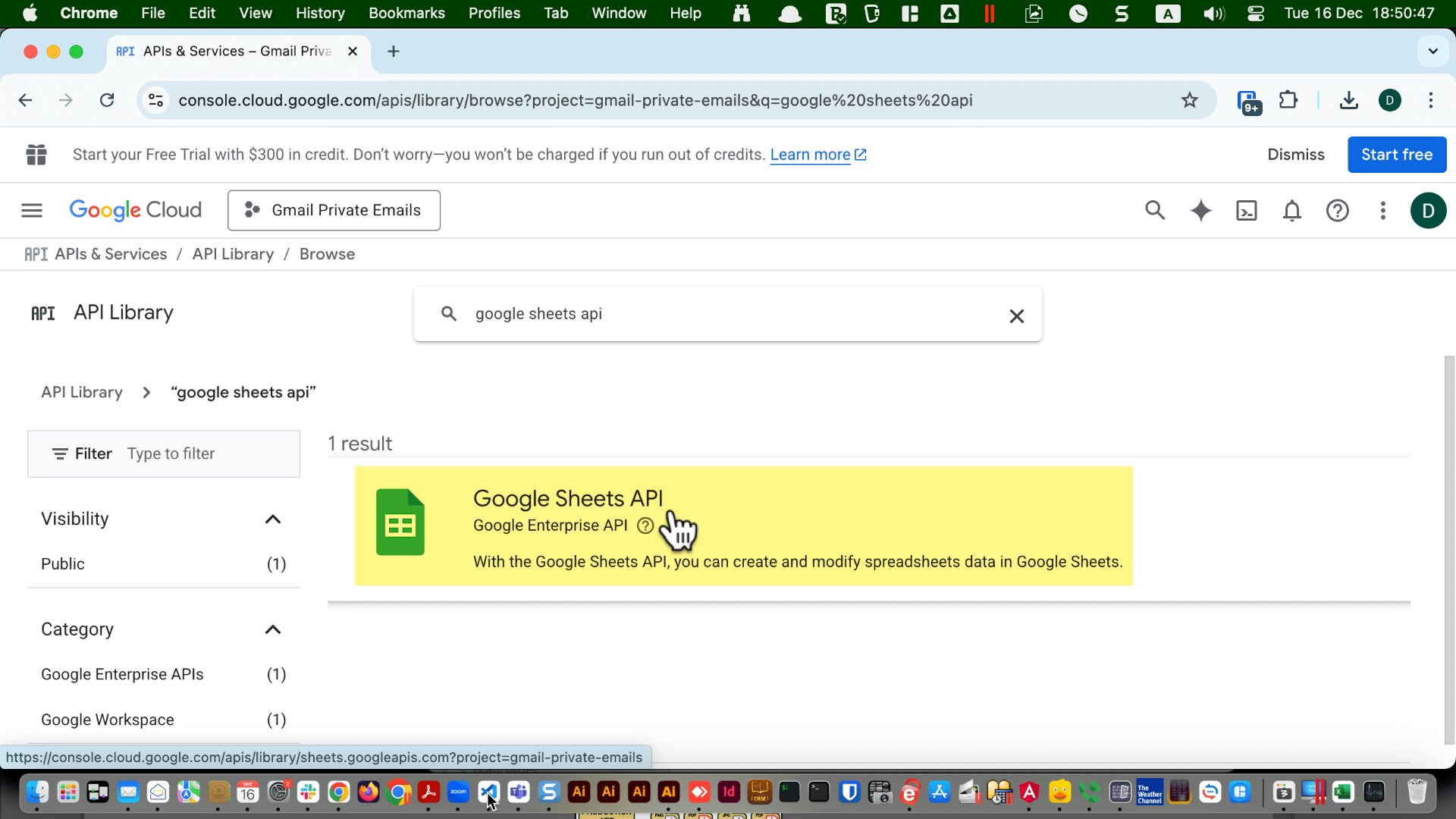 API search results showing the “Google Sheets API” card