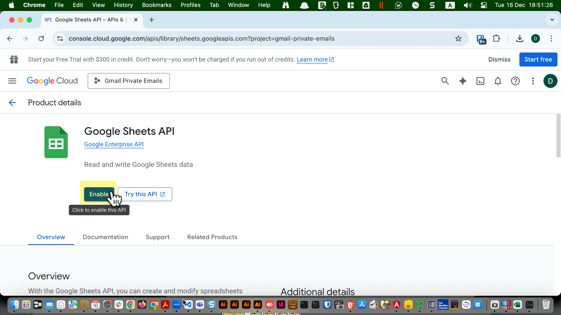 Google Sheets API page showing the “Create credentials” button after enabling