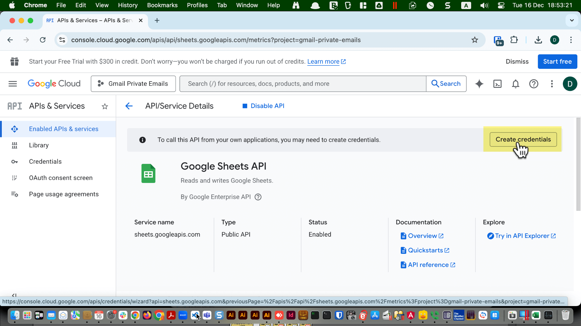 Create credentials wizard start screen in Google Cloud Console