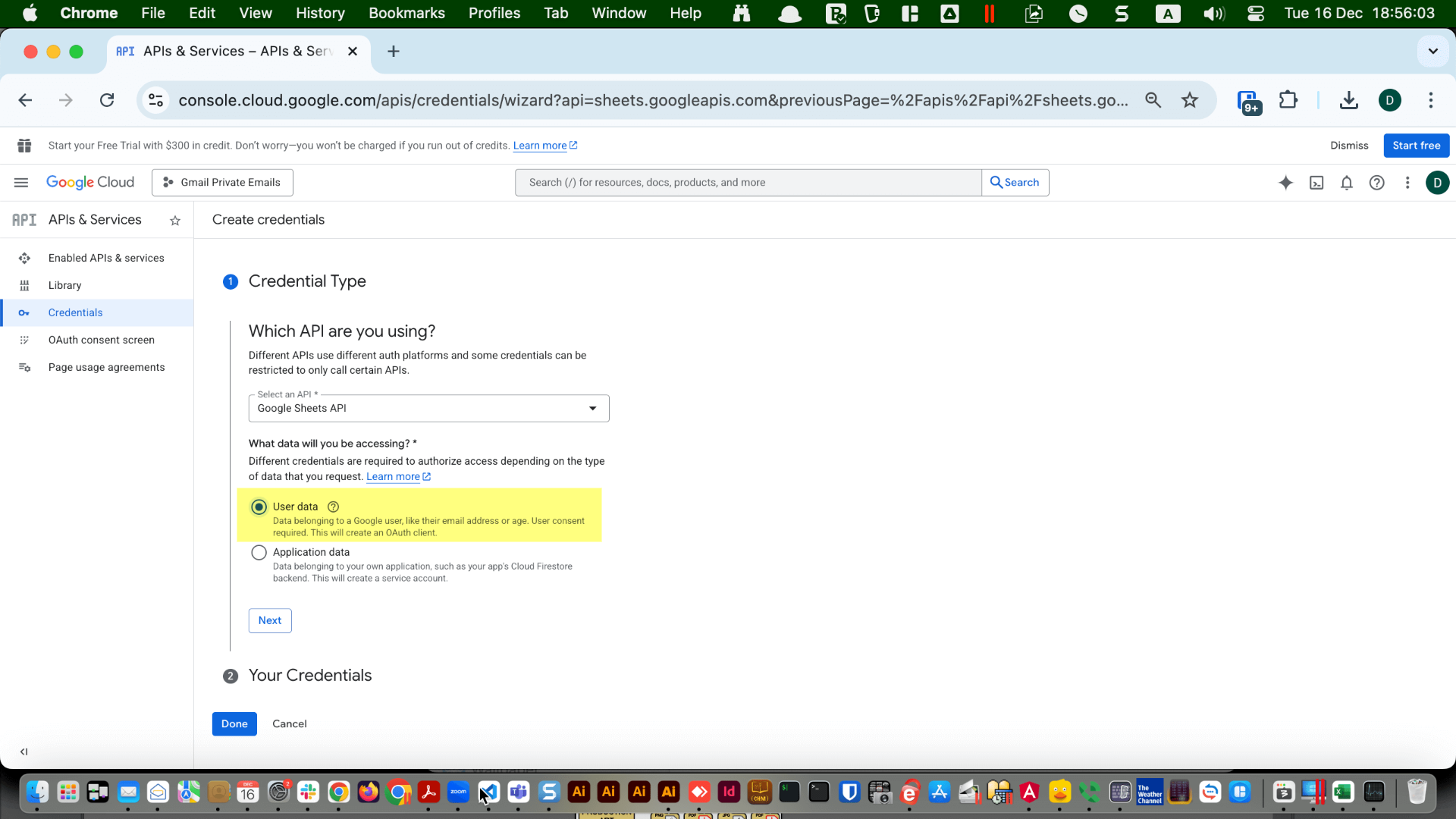 Credentials wizard with “Google Sheets API” selected and “User Data” chosen