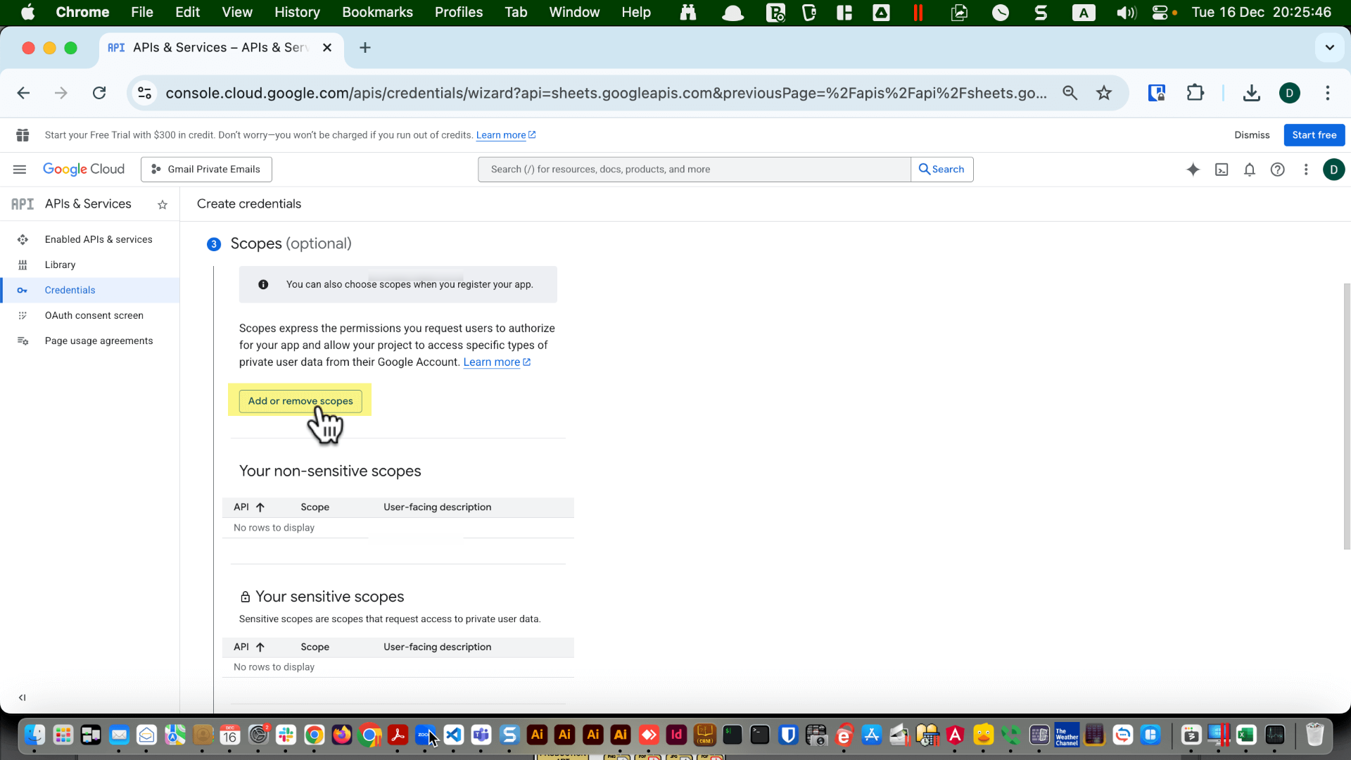 OAuth consent screen scopes step with “Add or remove scopes” button
