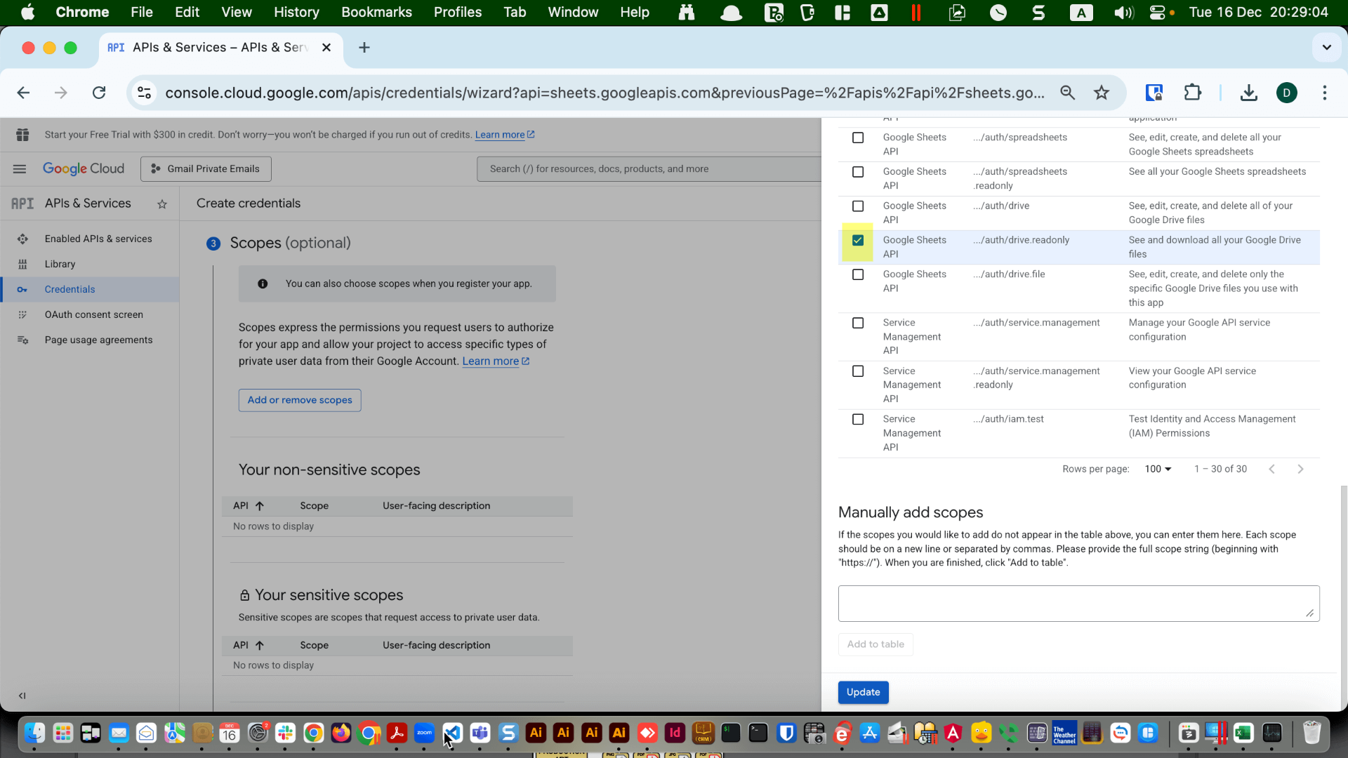 Scope selection dialog with “.../auth/drive.readonly” checked and “Update” clicked