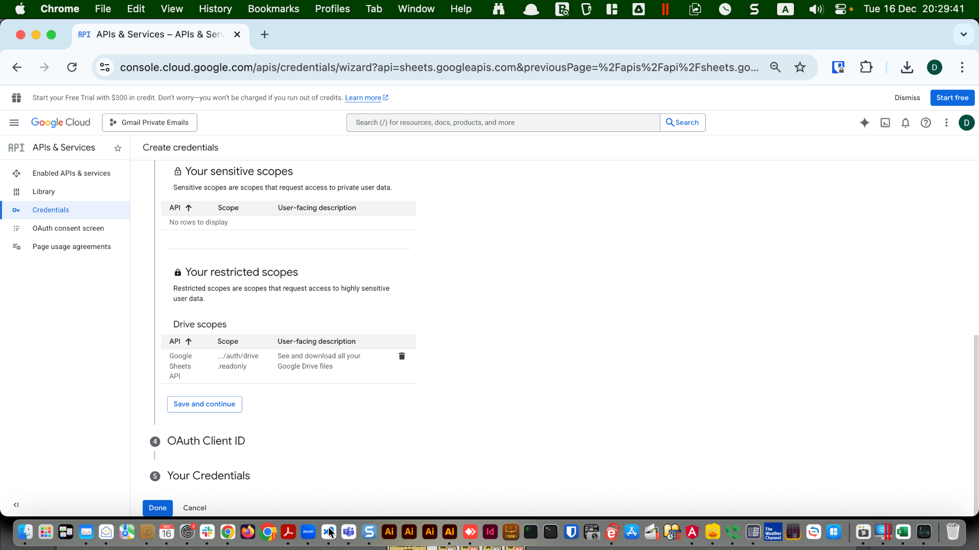 OAuth consent screen scopes step with “Save and continue” button