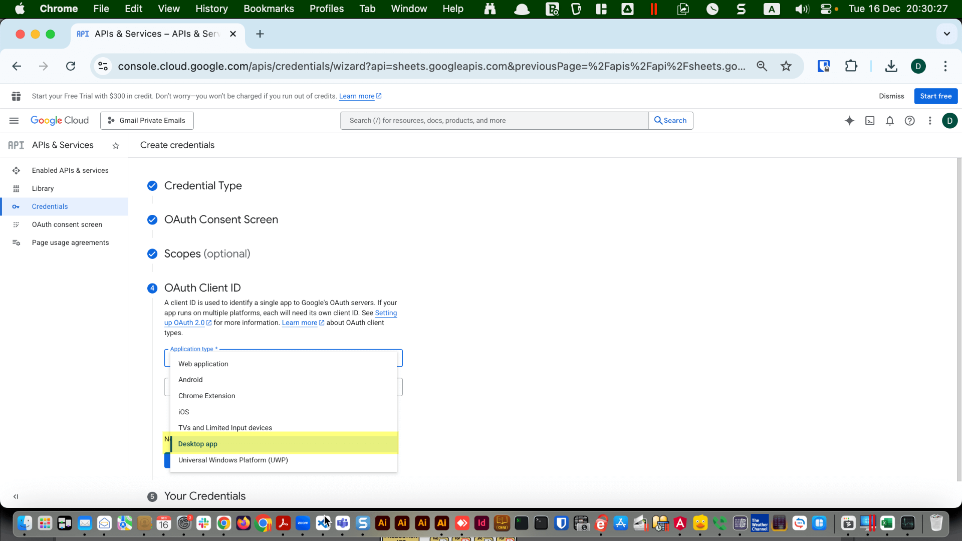 Create OAuth client ID screen with application type set to “Desktop app”