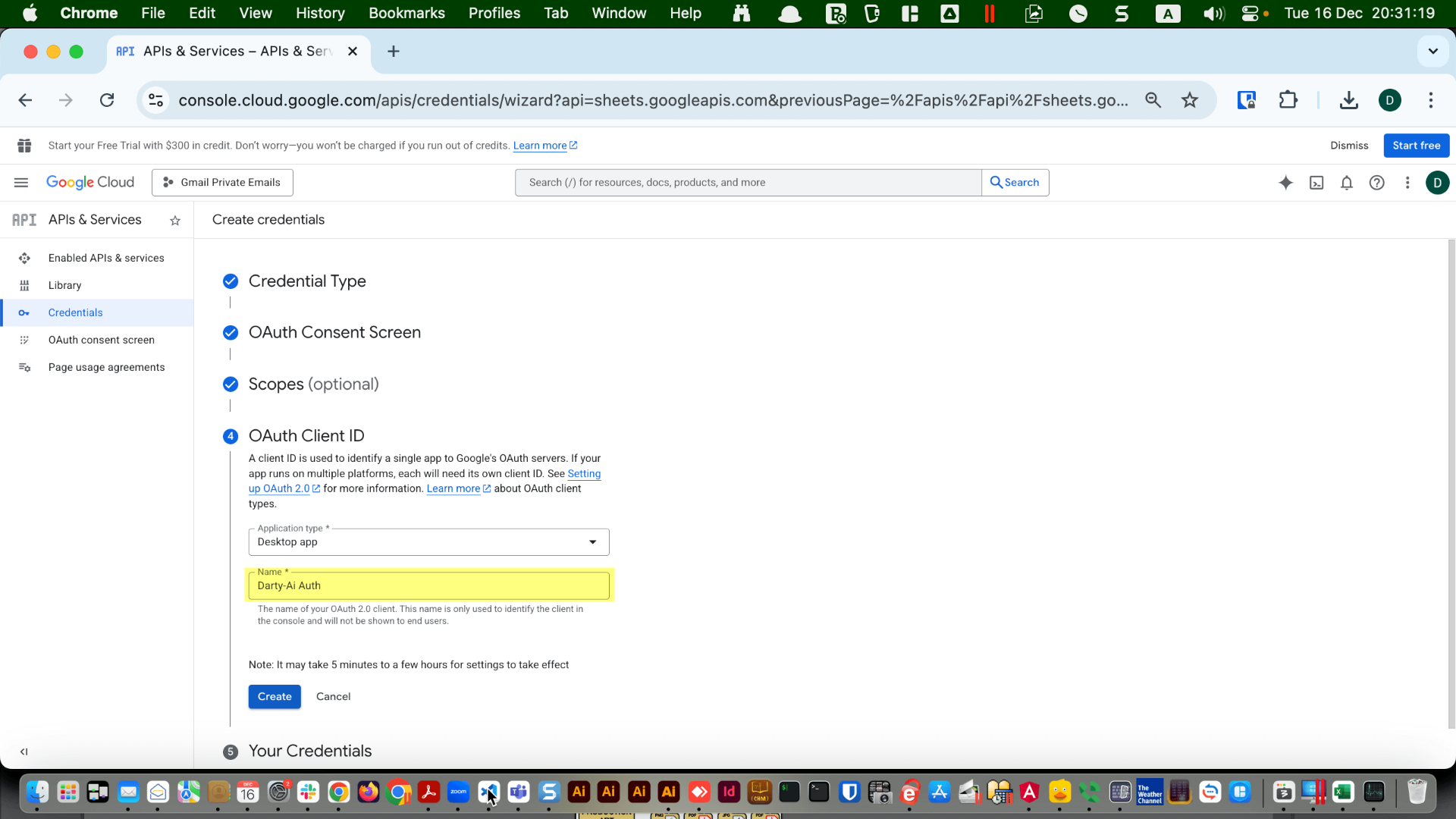 OAuth client ID name field and “Create” button