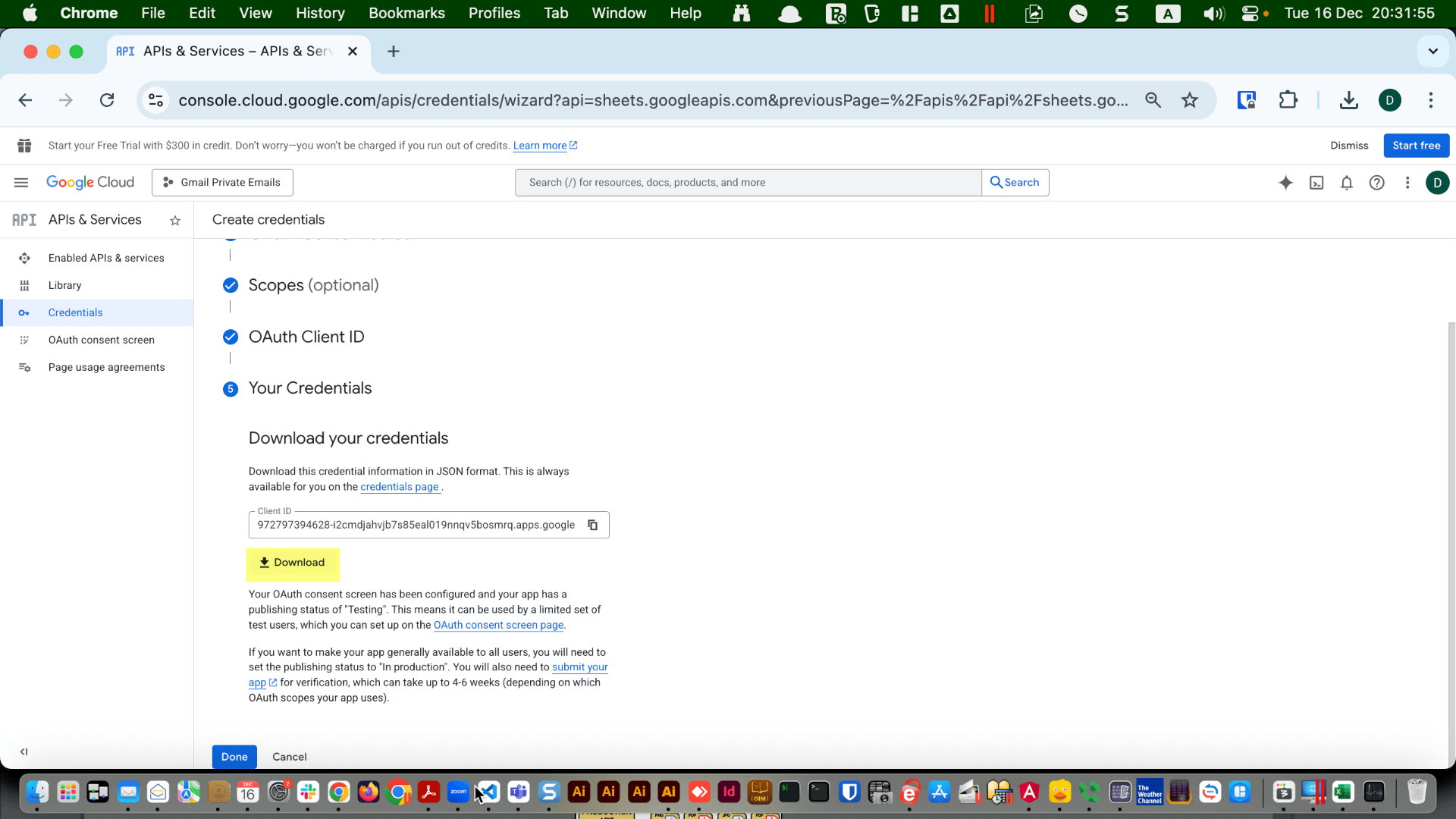 OAuth client created dialog with “Download” button for the JSON file