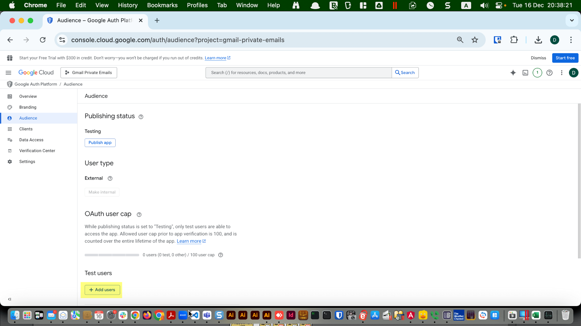 Audience page with “+ Add Users” button for test users