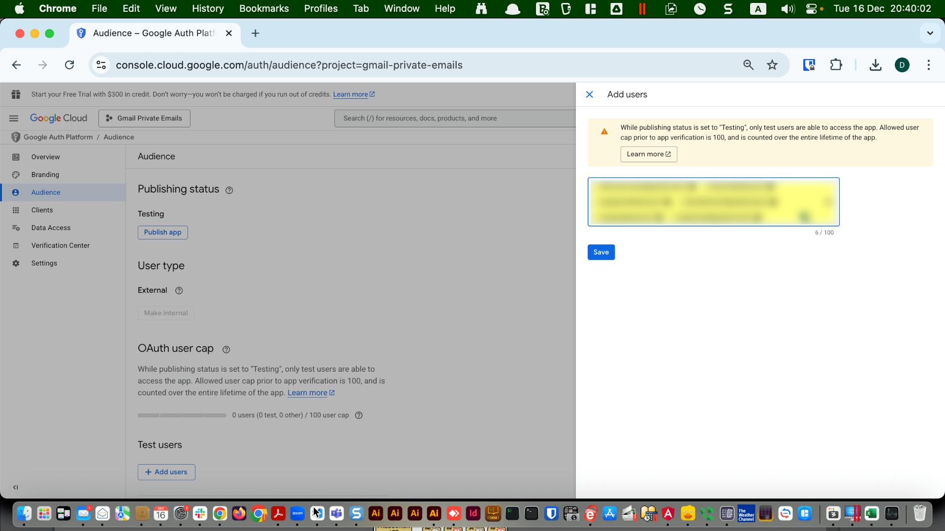 Add users dialog with test user email addresses entered