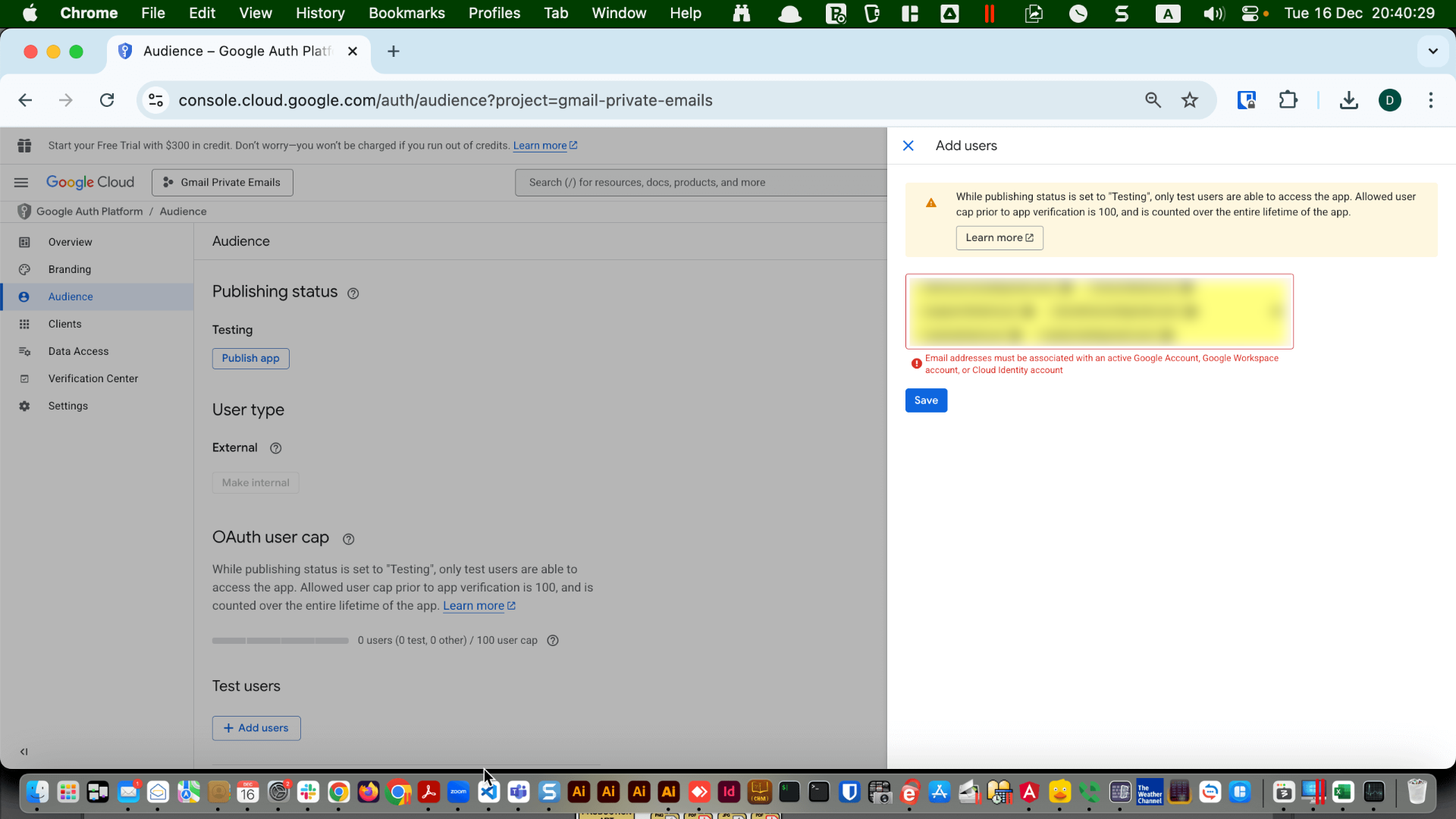 Audience test users list showing the added email addresses
