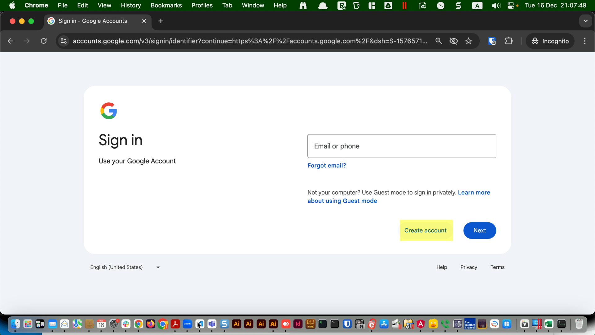 Google sign-in page showing the “Create account” option