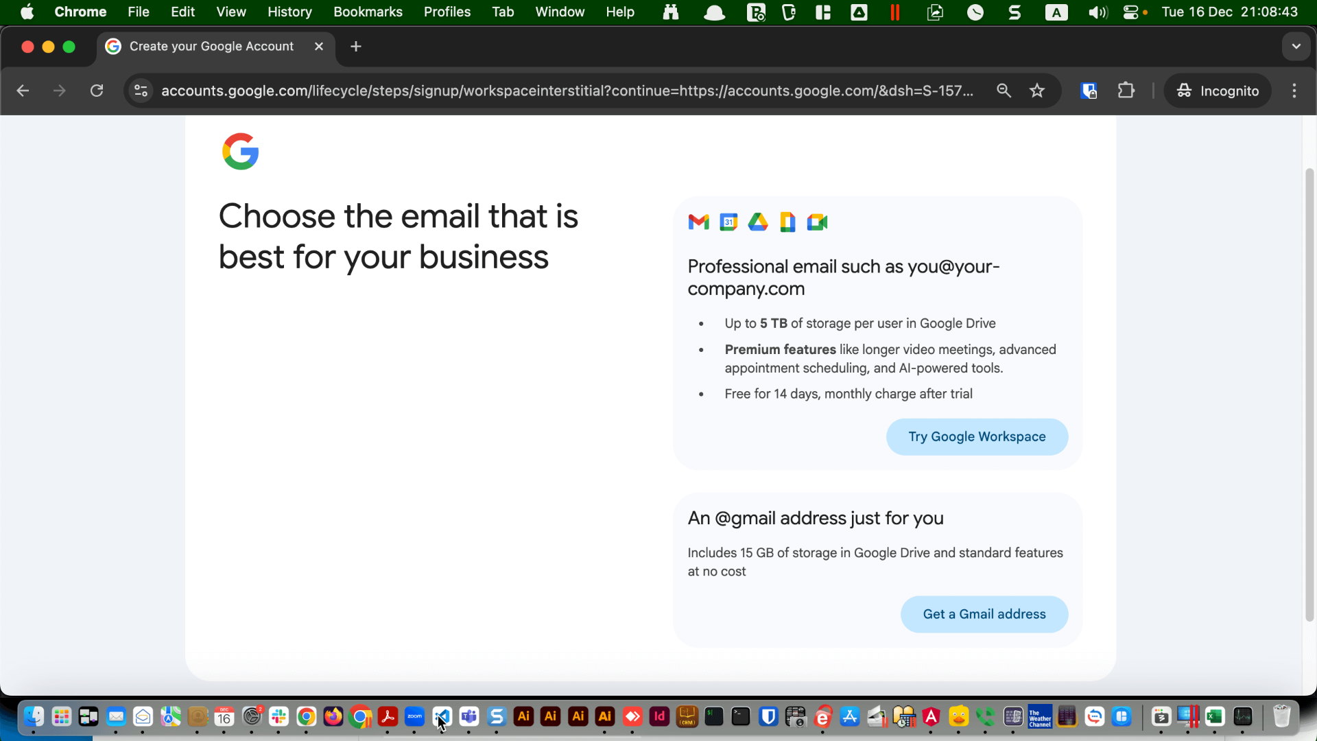 Account creation screen offering “Try Google Workspace” or “Get a Gmail address”