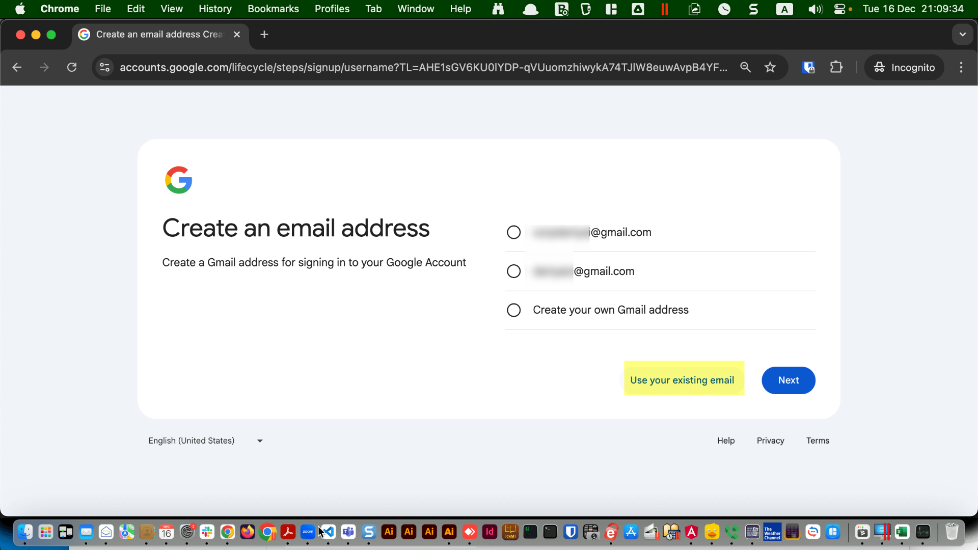 Sign-up flow showing “Use your existing email” option