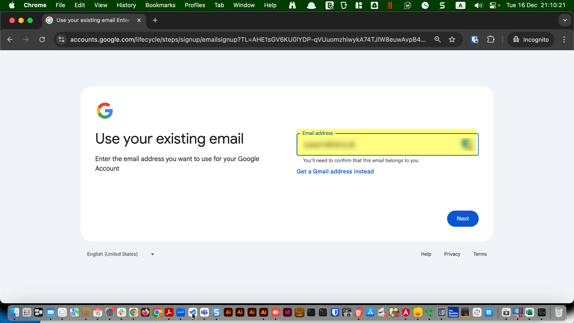 Form to enter an existing business email address during Google account creation