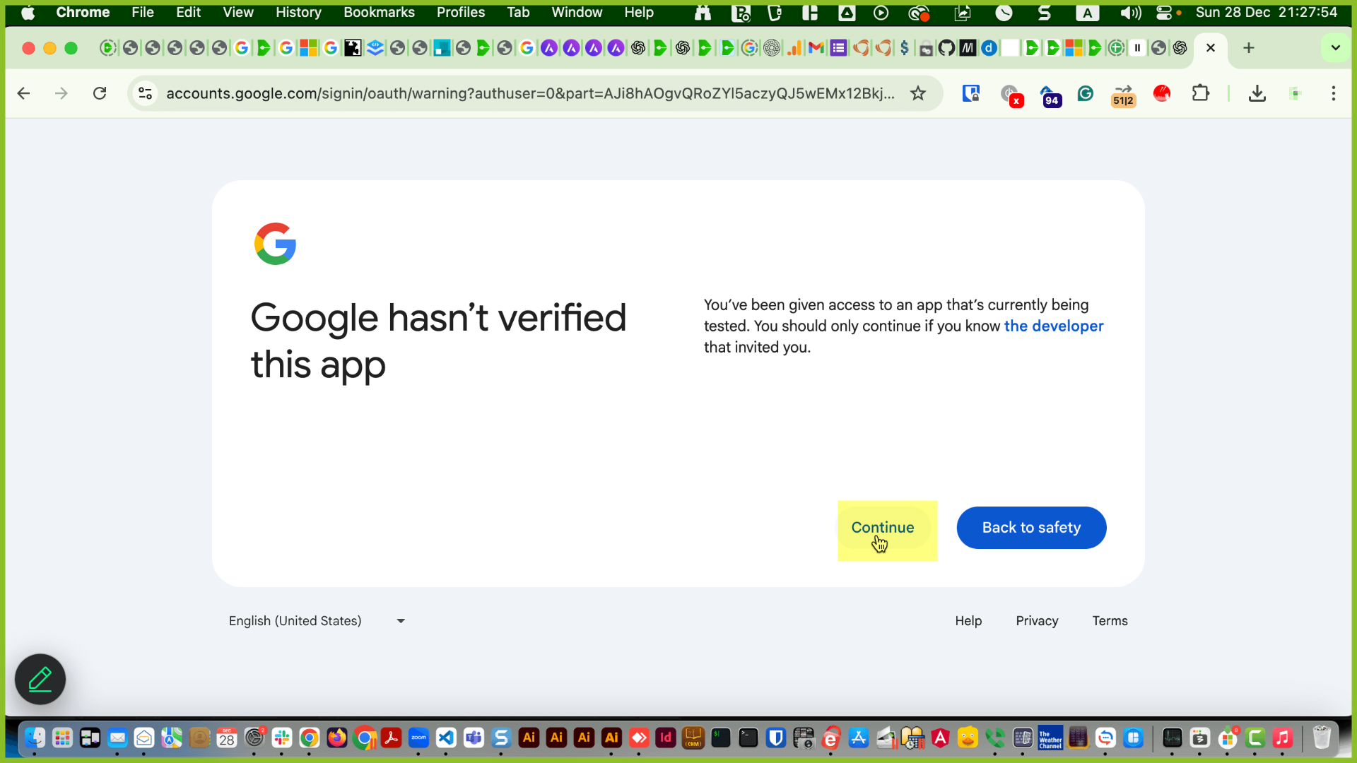 Google “unverified app” warning with option to continue anyway