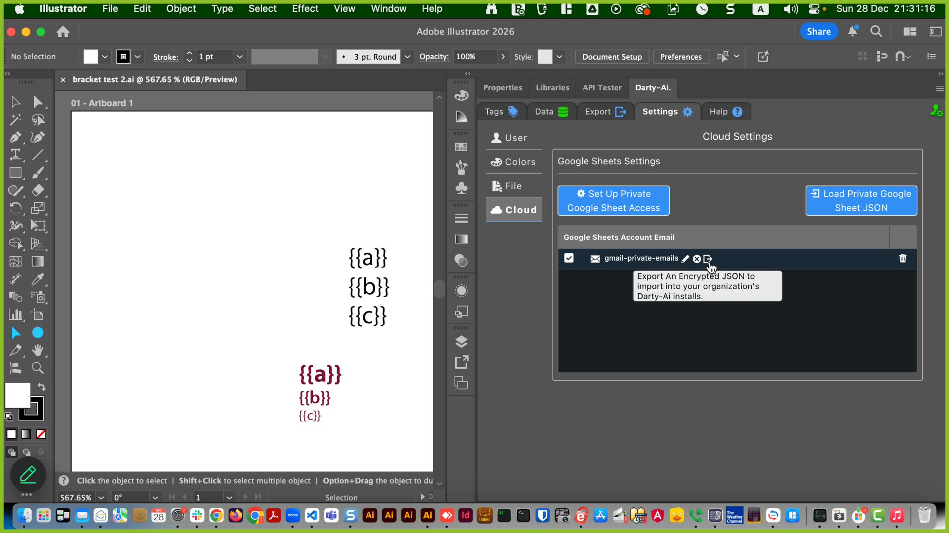 Darty-Ai cloud settings showing the “Export JSON” button